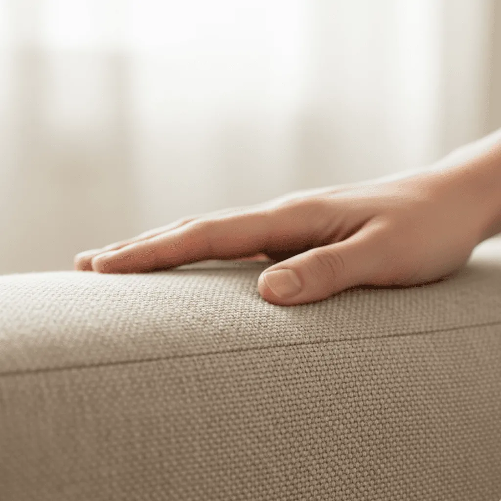 Hand prüft den Stoff nach dem Einbürsten des Reinigers