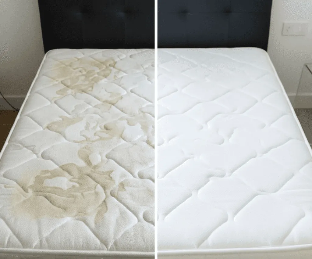 Matratze mit Flecken vor und nach der Matratzenreinigung