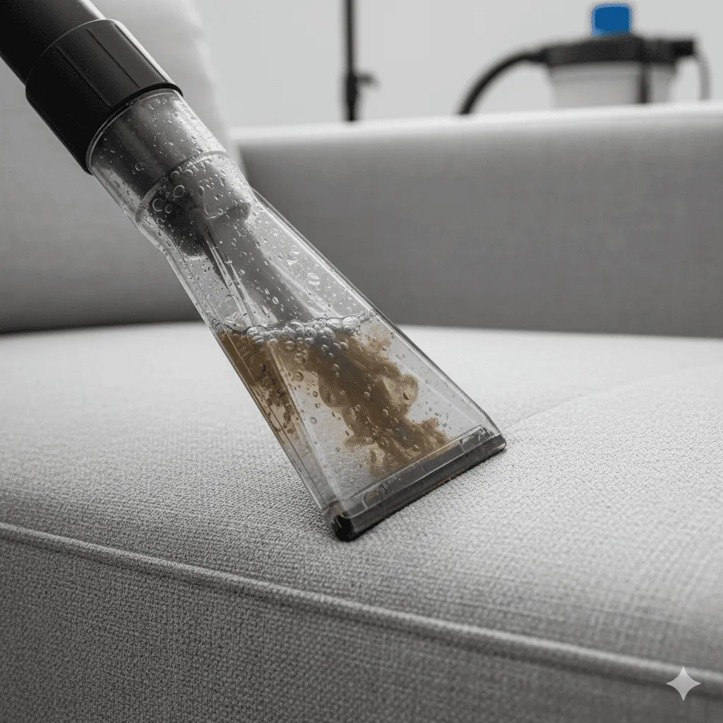 Sprühextraktionsgerät saugt Schmutzwasser aus einem hellen Sofa
