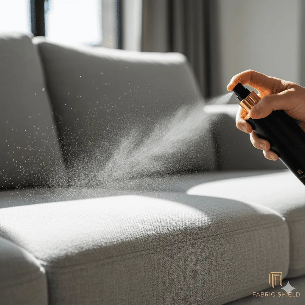 Imprägnierung wird auf ein helles Sofa gesprüht