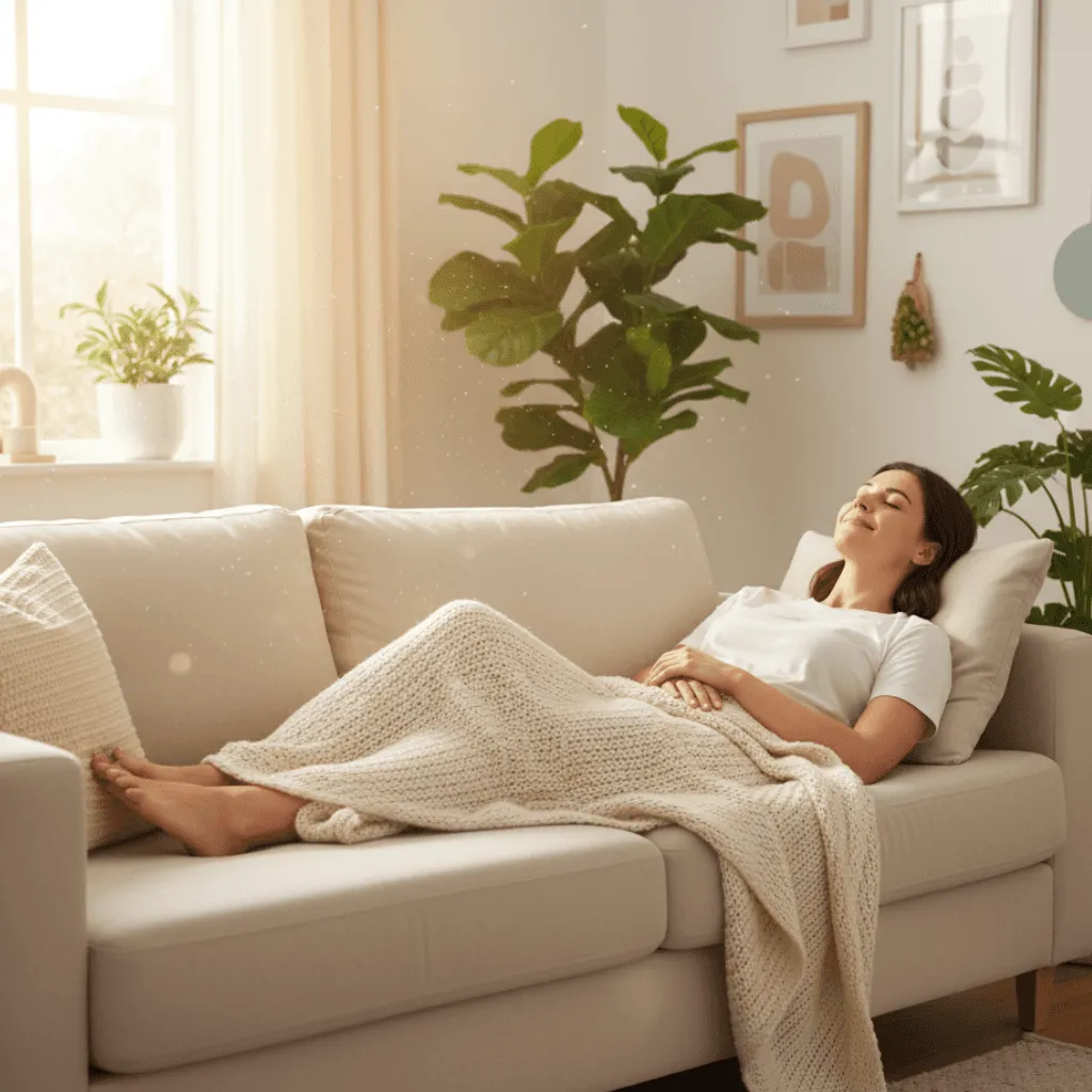 Frau entspannt sich auf einem frisch gereinigten cremefarbenen Sofa