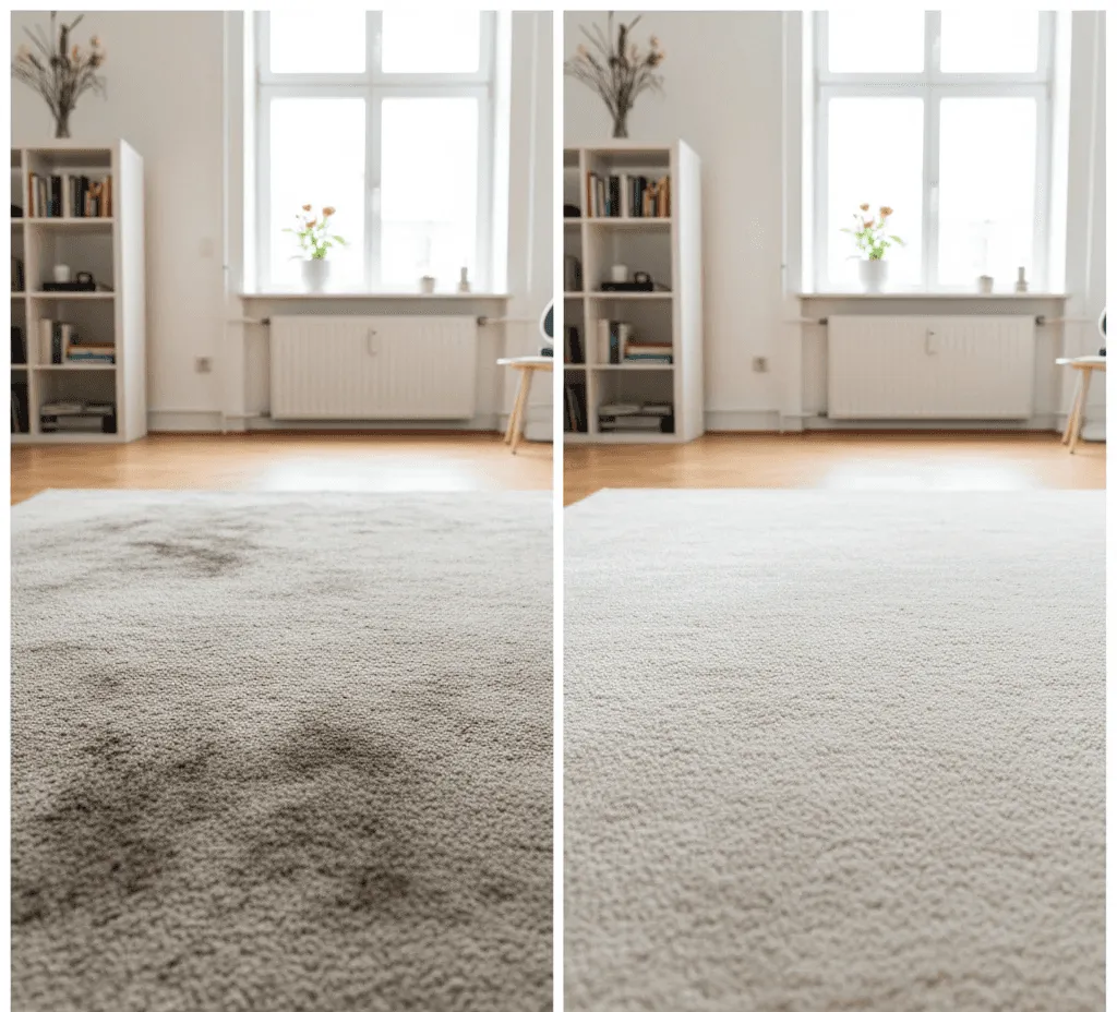 Heller Hochflorteppich vor und nach der Teppichreinigung